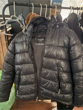 GUESS Black Quilted Puffer Jacket with Stand Collar